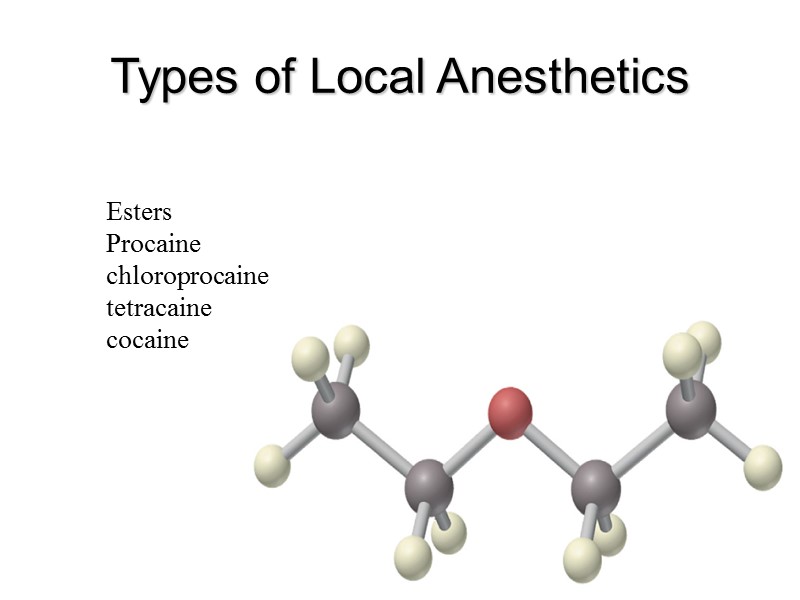 Types of Local Anesthetics Esters Procaine chloroprocaine tetracaine cocaine Types of Local Anesthetics Esters Procaine chloroprocaine tetracaine cocaine